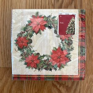 NWT 36 Christmas Wreath Plaid Border Cocktail Napkins 24.8cm X 24.7cm